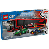 LEGO 60445 City F1 truck met RB20 en AMR24 F1auto's