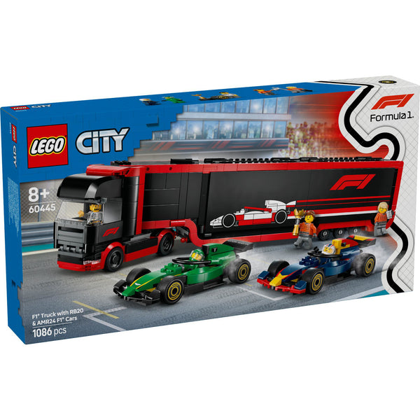 LEGO 60445 City F1 truck met RB20 en AMR24 F1auto's