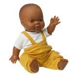 Heless Poppen tuinbroek van 100% biologisch katoen, honinggeel, met wit T-shirt, 2-delig, maat 35-45 cm