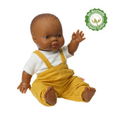 Heless Poppen tuinbroek van 100% biologisch katoen, honinggeel, met wit T-shirt, 2-delig, maat 35-45 cm