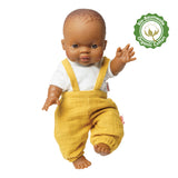 Heless Poppen tuinbroek van 100% biologisch katoen, honinggeel, met wit T-shirt, 2-delig, maat 35-45 cm