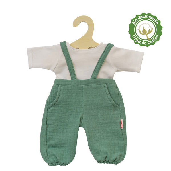 Heless Poppen tuinbroek van 100% biologisch katoen, saliegroen, met wit T-shirt, 2-delig, maat 35-45 cm