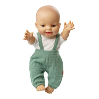 Heless Poppen tuinbroek van 100% biologisch katoen, saliegroen, met wit T-shirt, 2-delig, maat 35-45 cm